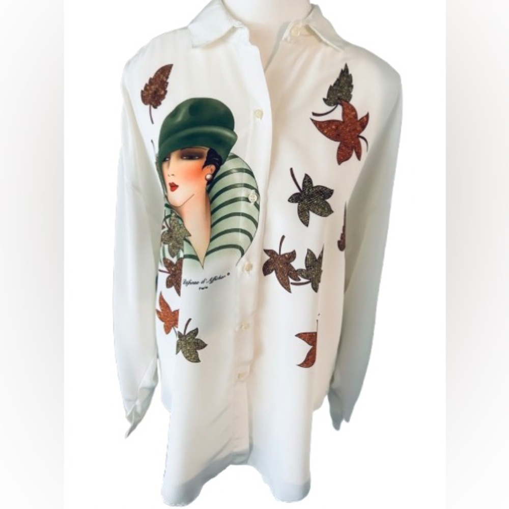 Stunning Autumn DEFENSE B’AFFICHER Blouse Leaf Medium Fall Shirt Top Vintage 90s - Picture 3 of 16